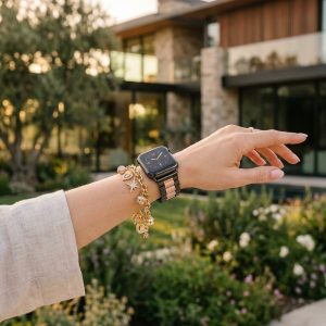 Model wearing Black Rose Pink Stainless Steel Band for Apple Watch Apple Watch band