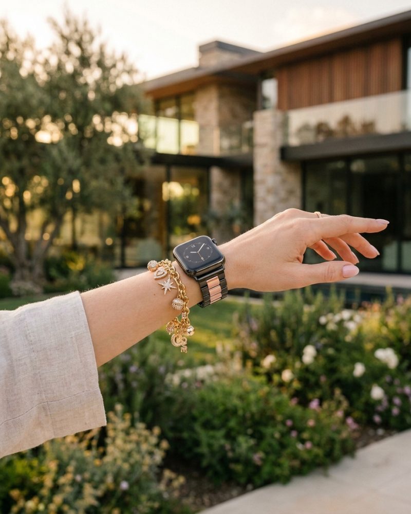 Model wearing Black Rose Pink Stainless Steel Band for Apple Watch Apple Watch band