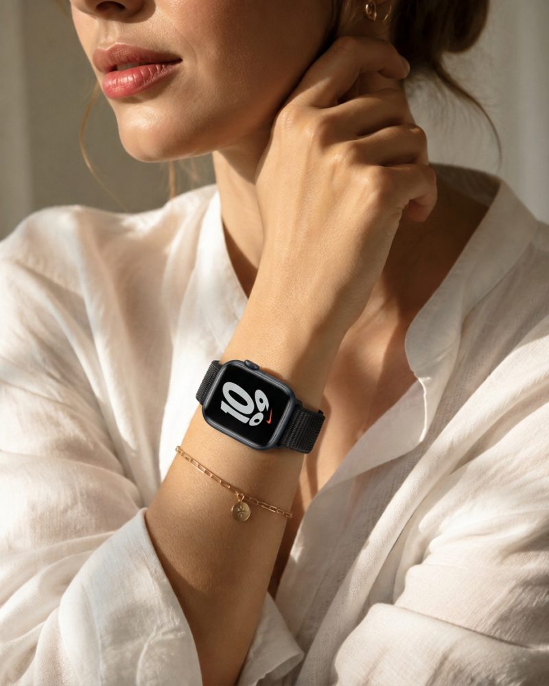 Model wearing Black Sport Loop Active Band For Apple Watch Apple Watch band
