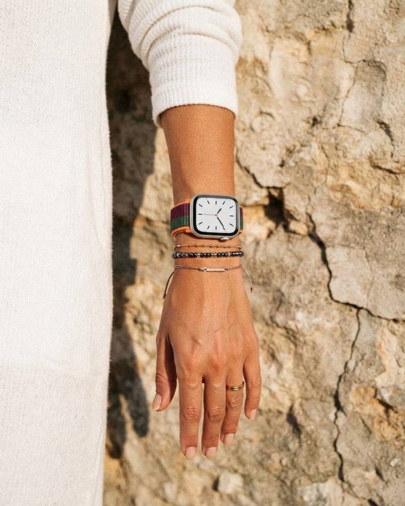 Model wearing Dark Cherry / Forest Green Sport Loop Band For Apple Watch Apple Watch band
