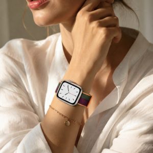 Model wearing Dark Cherry / Forest Green Sport Loop Band For Apple Watch Apple Watch band