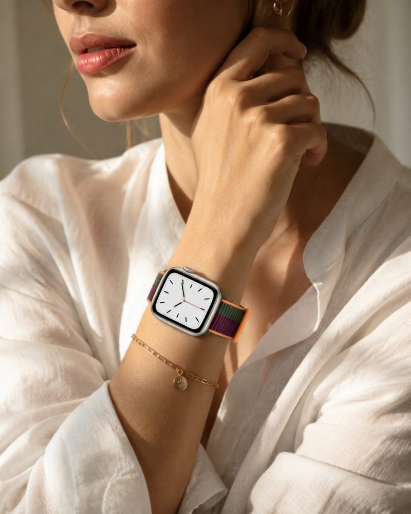 Model wearing Dark Cherry / Forest Green Sport Loop Band For Apple Watch Apple Watch band