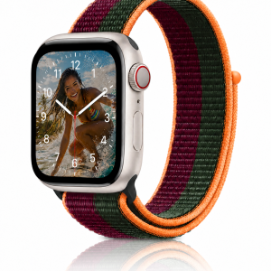 Model wearing Dark Cherry / Forest Green Sport Loop Band For Apple Watch Apple Watch band