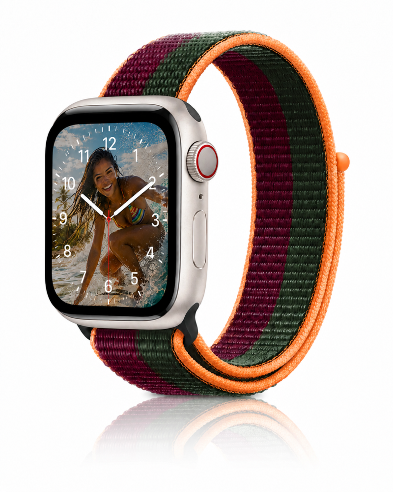 Model wearing Dark Cherry / Forest Green Sport Loop Band For Apple Watch Apple Watch band