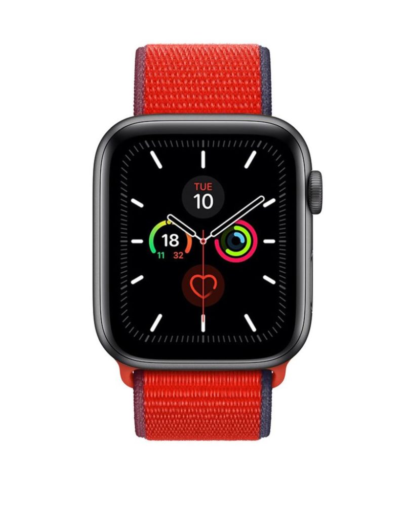 Bright red woven nylon Sport Loop band on Apple Watch with space gray aluminum case