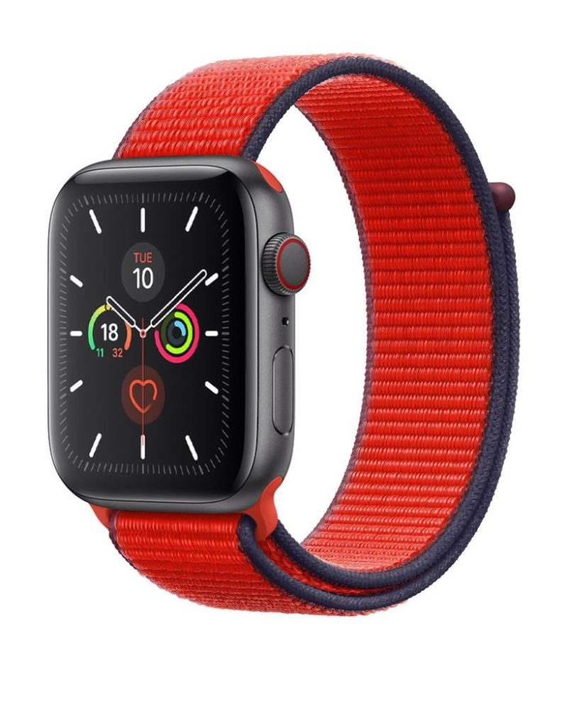 Bright red woven nylon sport loop band on Apple Watch with space gray case