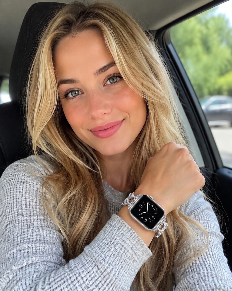 Genevieve Bracelet Band For Apple Watch – Silver worn by a model