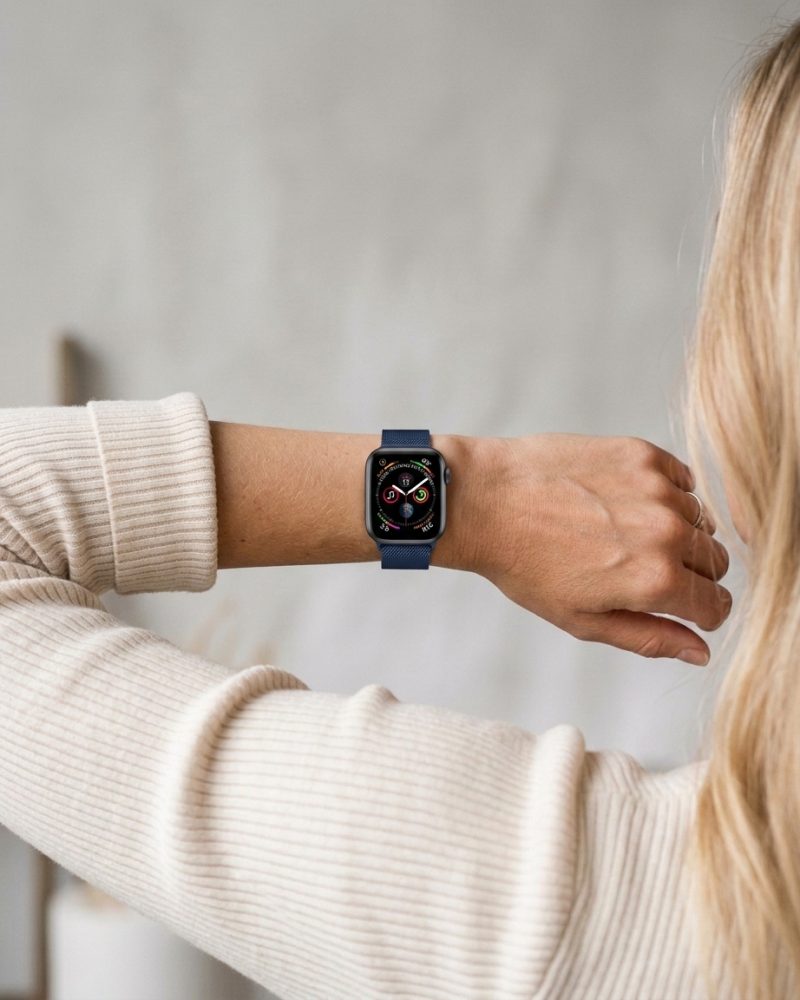 Model wearing Midnight Blue Milanese Loop for Apple Watch Apple Watch band
