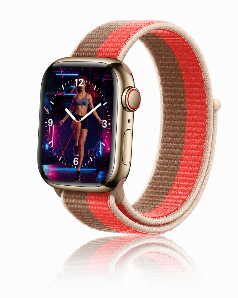 Model wearing Pink Pomelo / Tan Sport Loop For Apple Watch Apple Watch band