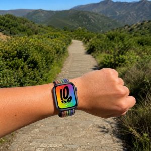 Model wearing Pride Edition Sport Loop Active Band For Apple Watch Apple Watch band