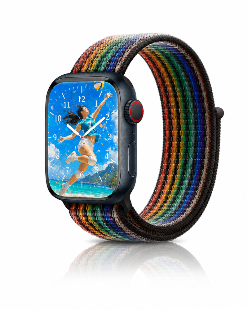 Model wearing Pride Edition Sport Loop Active Band For Apple Watch Apple Watch band