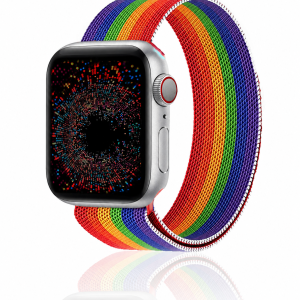 Model wearing Stripe Rainbow Pride Milanese Loop for Apple Watch Apple Watch band