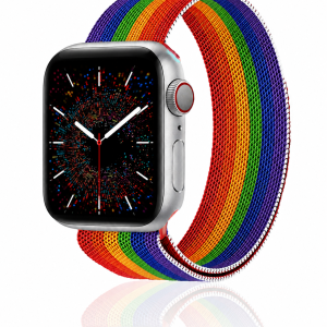 Model wearing Stripe Rainbow Pride Milanese Loop for Apple Watch Apple Watch band