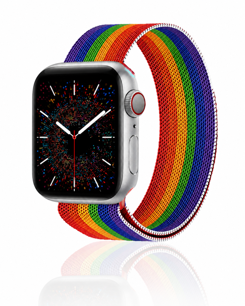 Model wearing Stripe Rainbow Pride Milanese Loop for Apple Watch Apple Watch band