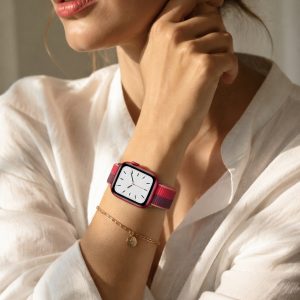 Model wearing Red / Dark Cherry Sport Loop For Apple Watch Apple Watch band