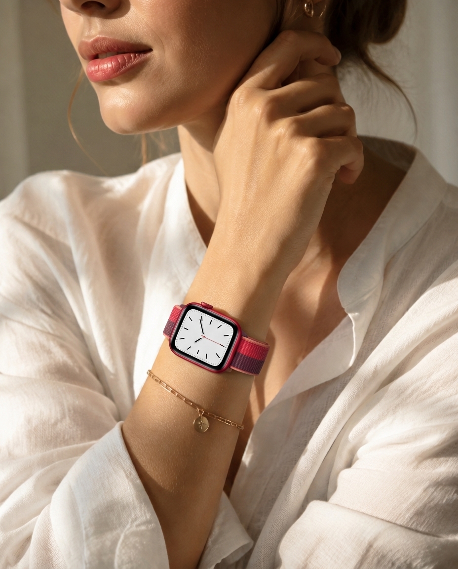 Model wearing Red / Dark Cherry Sport Loop For Apple Watch Apple Watch band