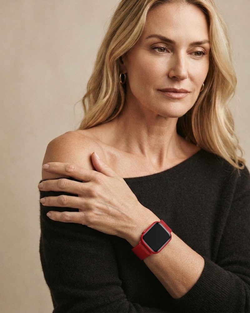 Model wearing Red Milanese Loop for Apple Watch Apple Watch band