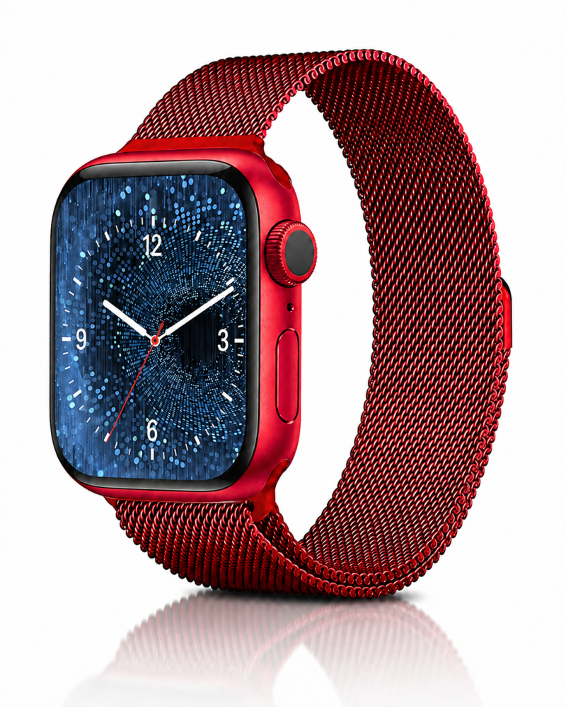 Model wearing Red Milanese Loop for Apple Watch Apple Watch band