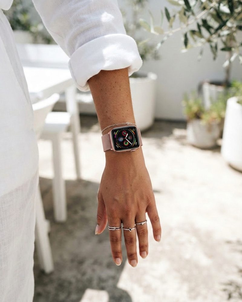 Model wearing Rose Pink Milanese Loop for Apple Watch Apple Watch band