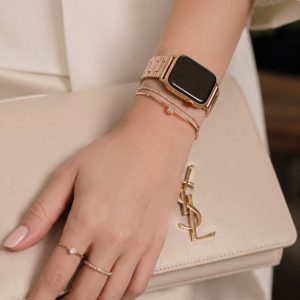 Model wearing Rose Pink Slim Stainless Steel Band for Apple Watch Apple Watch band