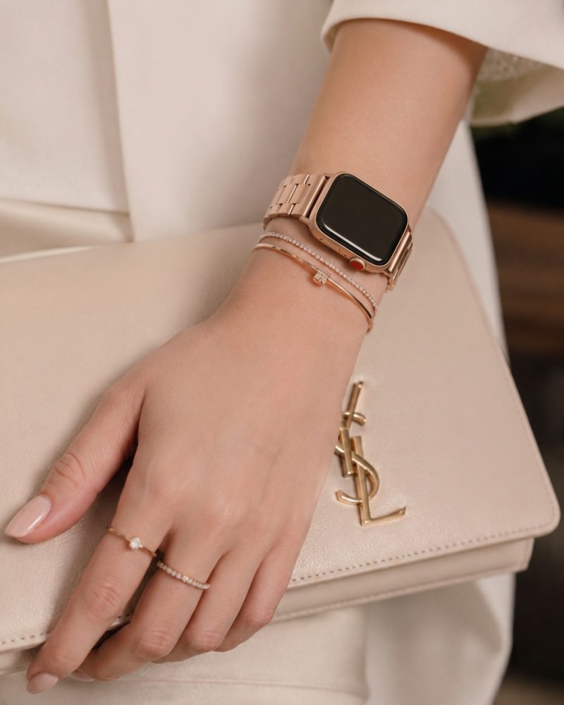 Model wearing Rose Pink Slim Stainless Steel Band for Apple Watch Apple Watch band