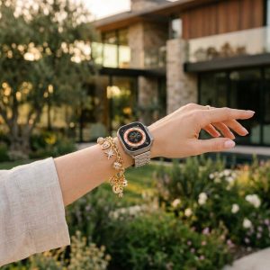 Model wearing Starlight Stainless Steel Band for Apple Watch Apple Watch band